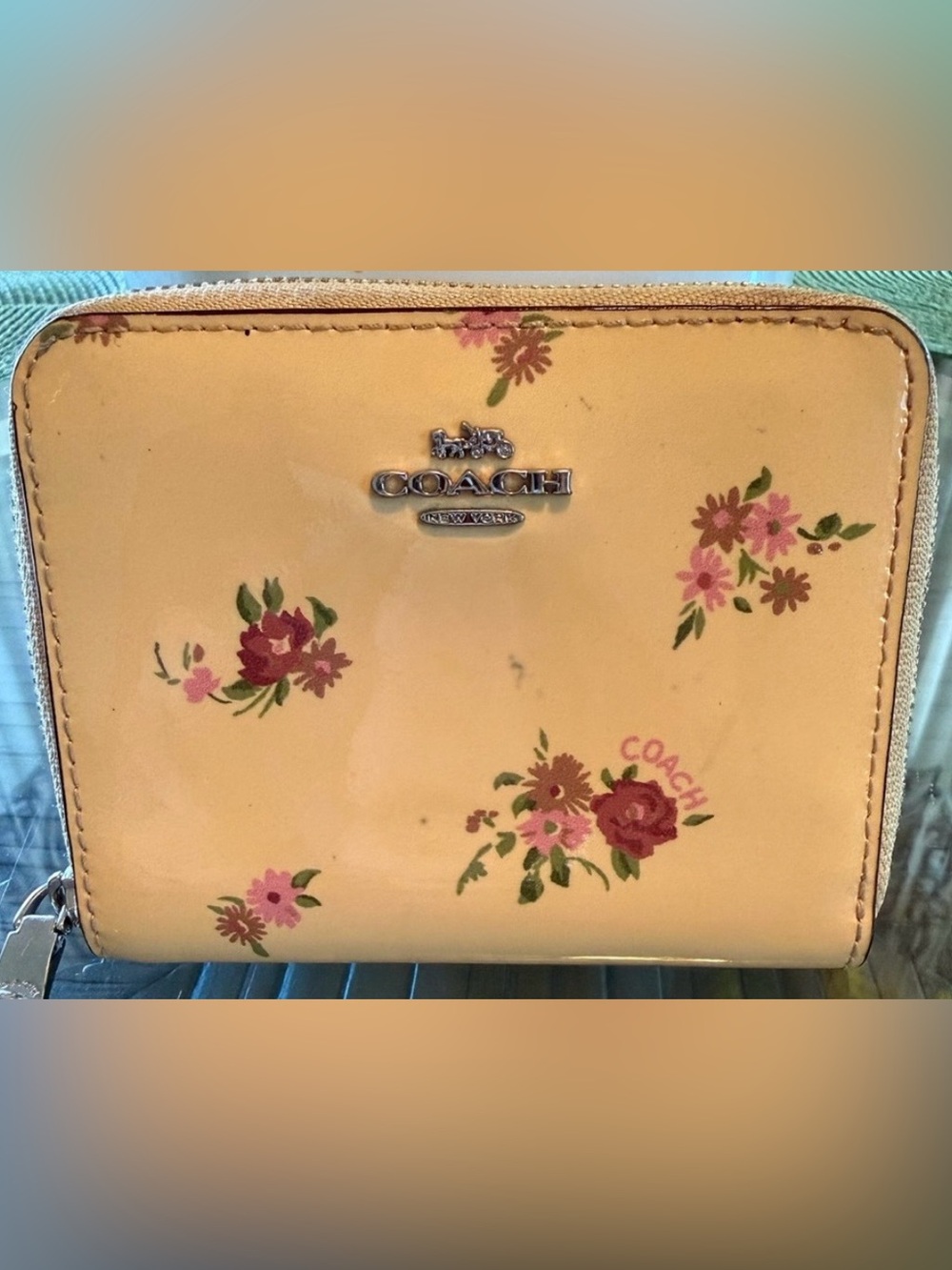 Coach Yellow Floral Patent Leather Zip Wallet - Picture 10 of 11